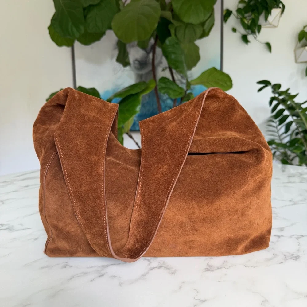 Quince Italian Leather Suede Slouchy Shoulder Bag in Whiskey Brown - Picture 2 of 16